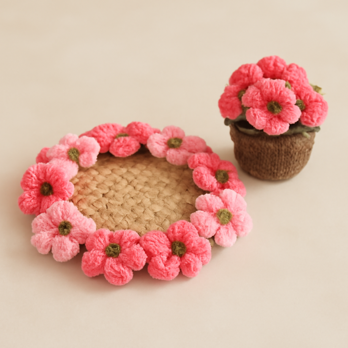 Charming Crochet Coaster Pot: Whimsical Floral Delight